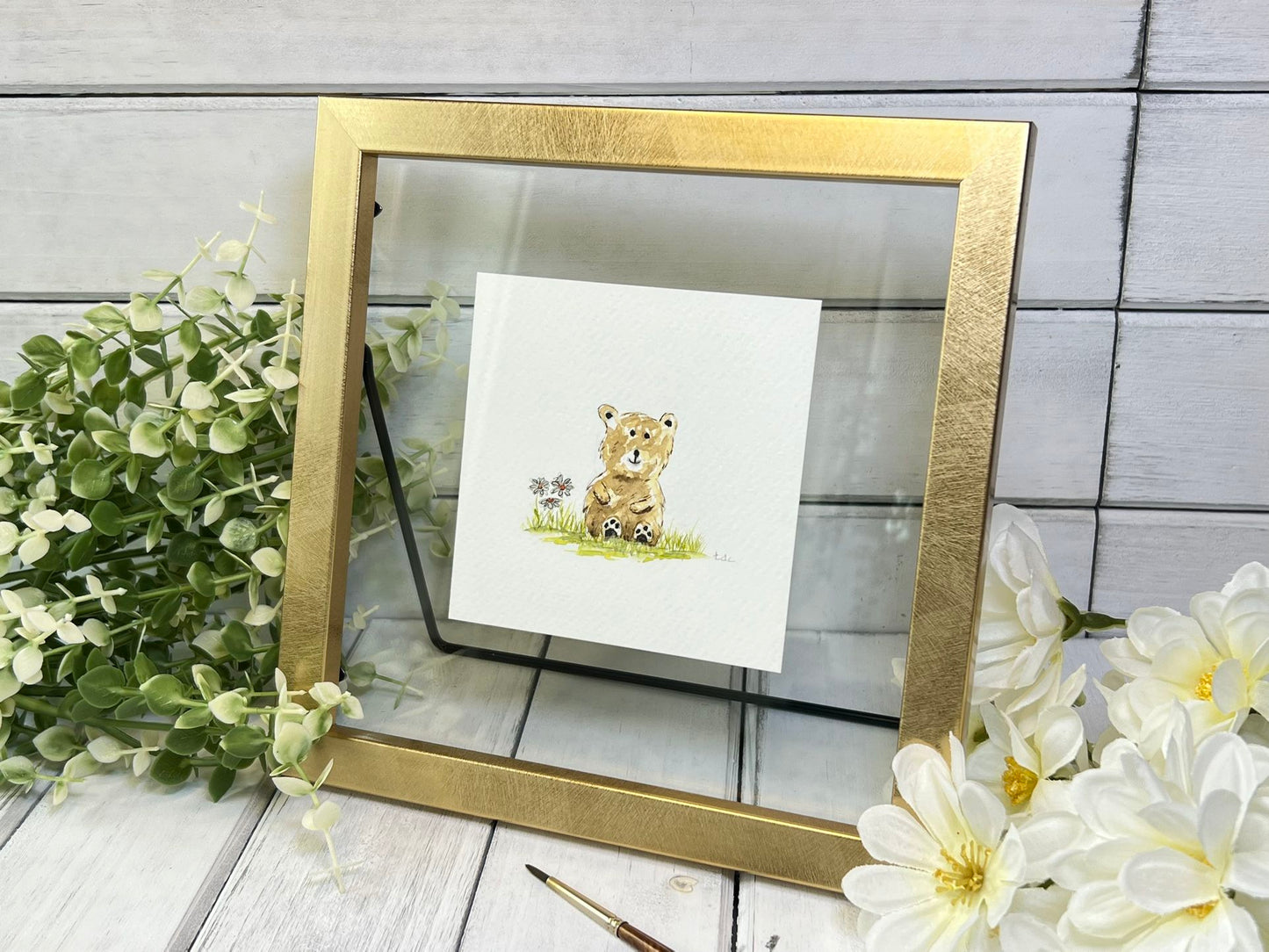 "Bear with Daisies" - Original Watercolor Framed Art