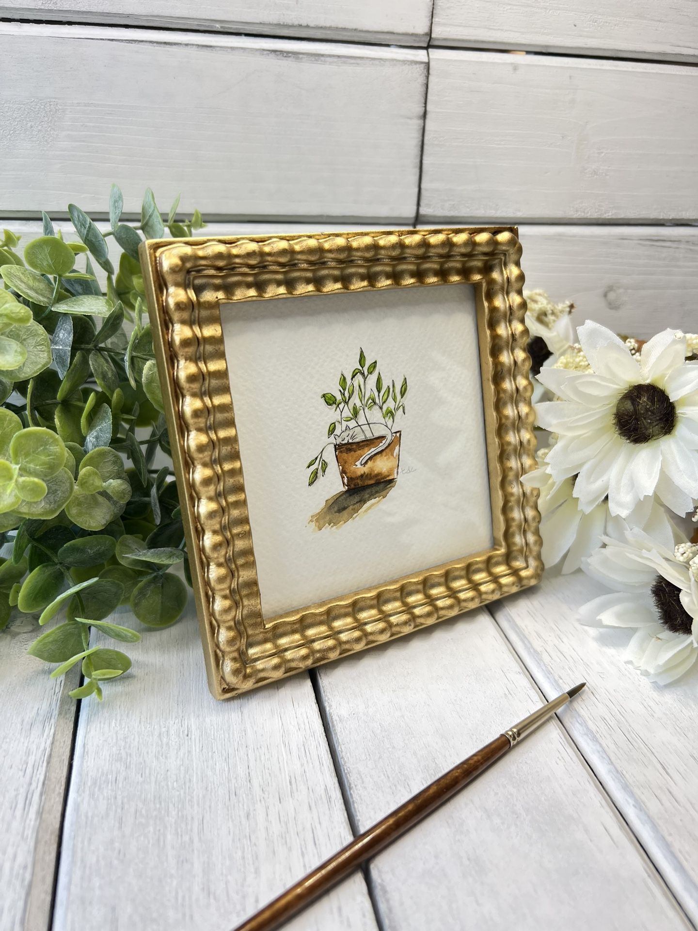 "Cat Napping in House Plant" - Original Watercolor Framed Art