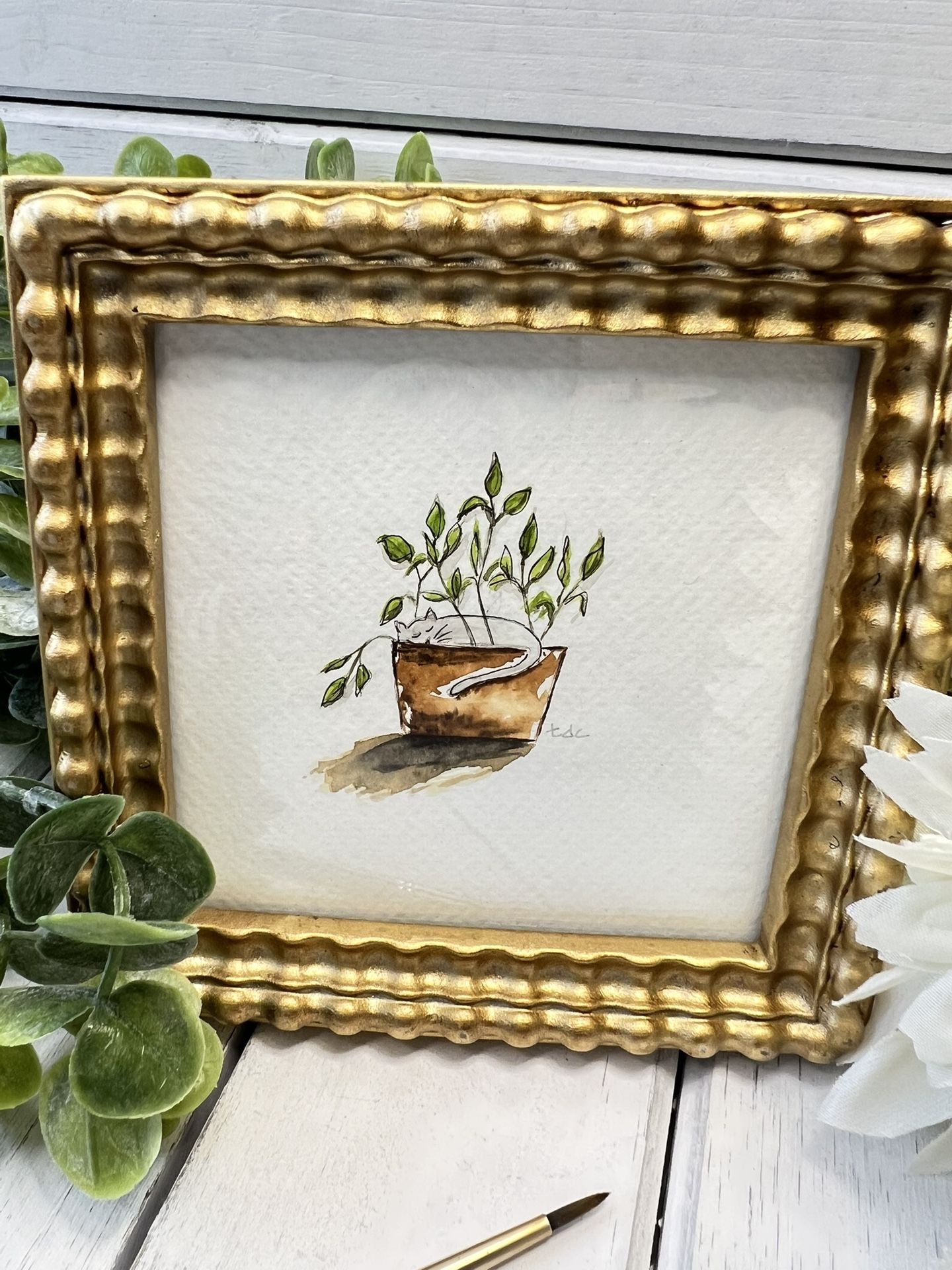 "Cat Napping in House Plant" - Original Watercolor Framed Art