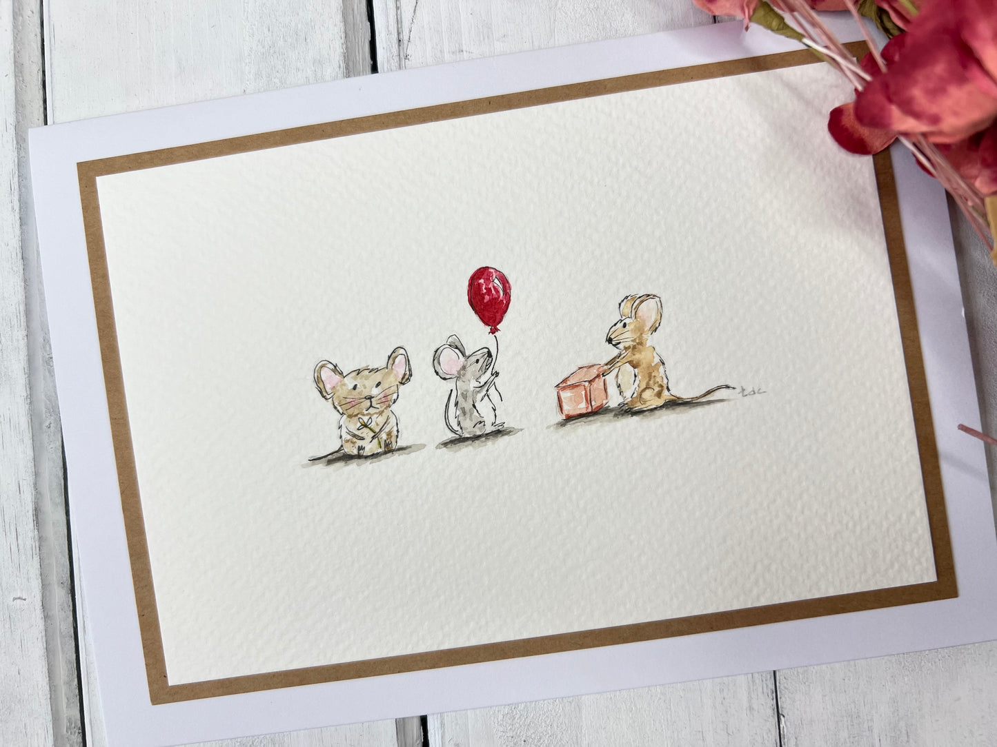 "Three Party Mice" - Hand Painted Watercolor Greeting Card