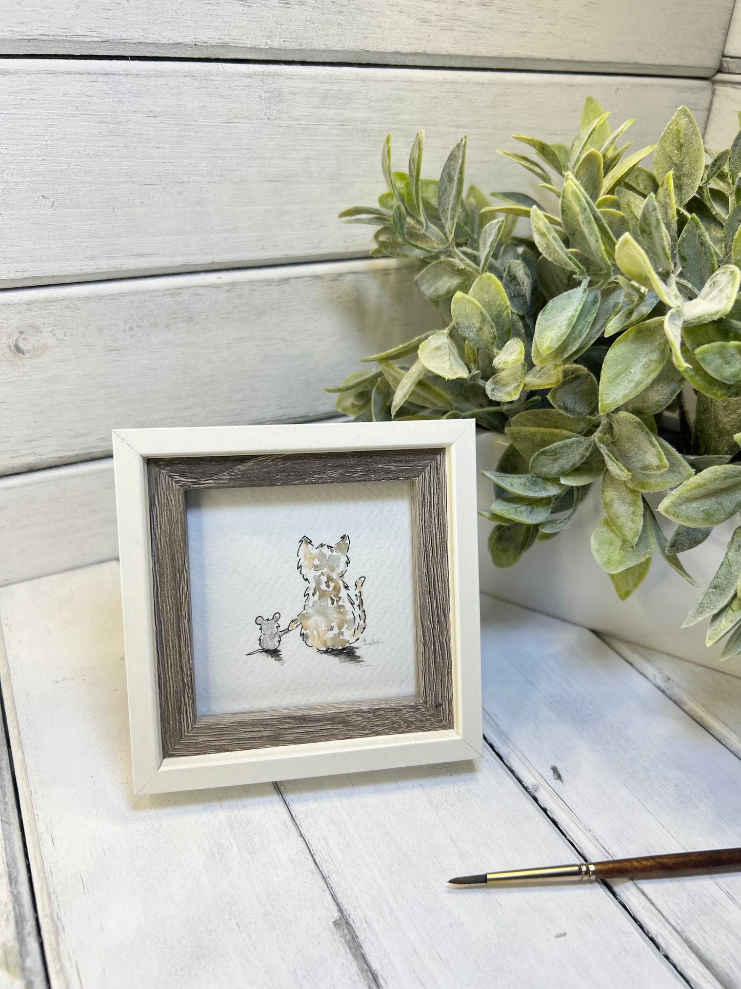 "Cat & Mouse Friends" - Original Watercolor Framed Art