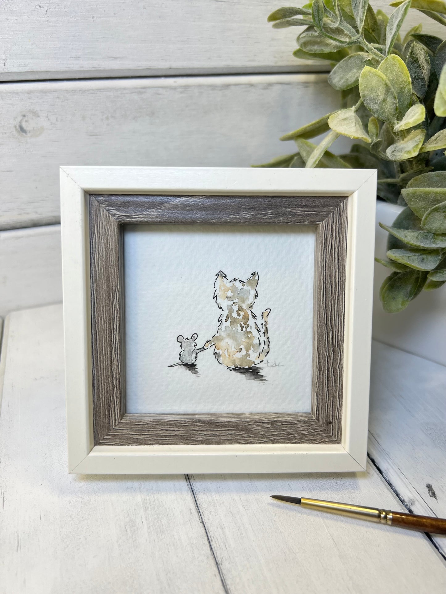 "Cat & Mouse Friends" - Original Watercolor Framed Art