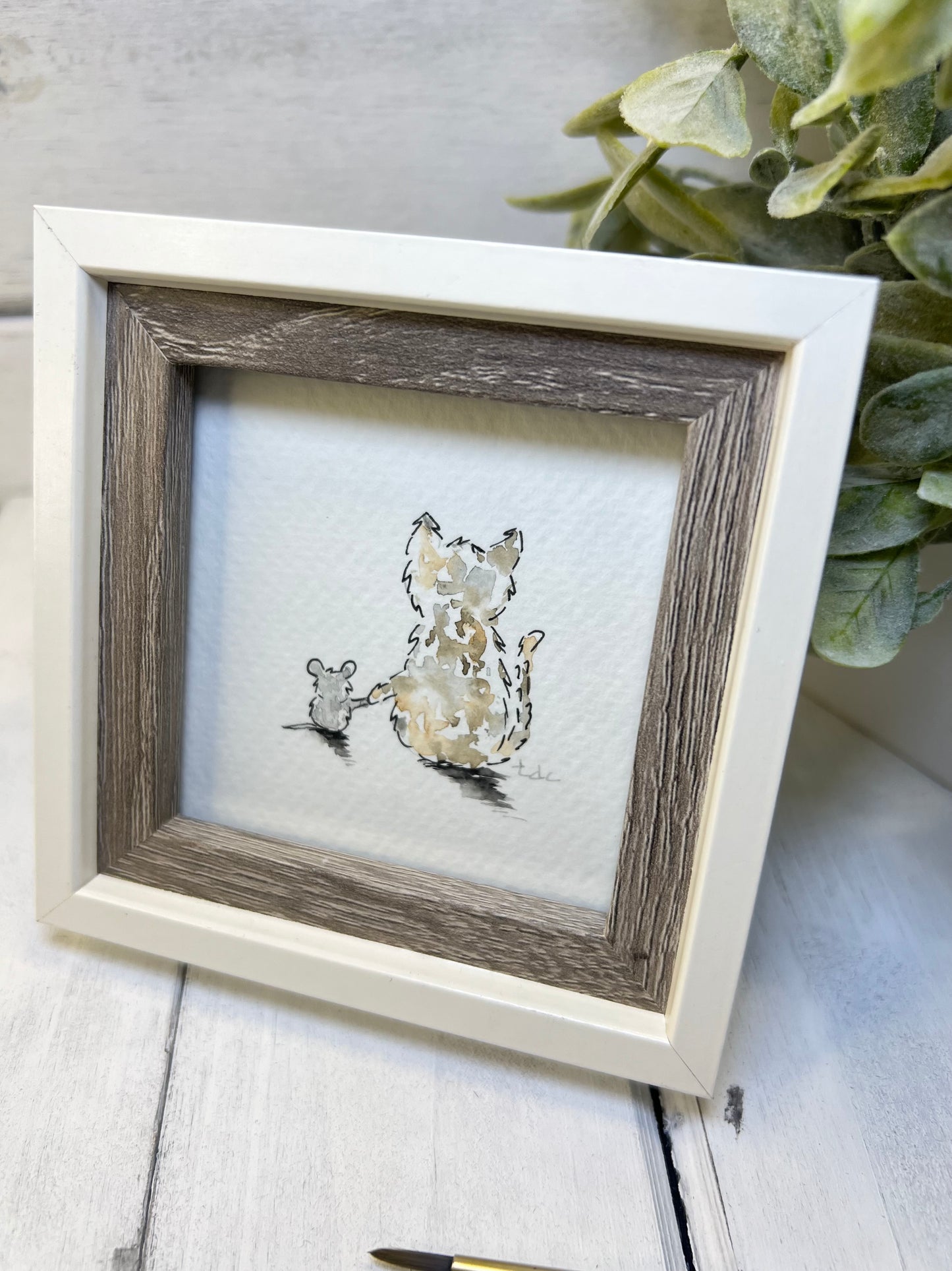 "Cat & Mouse Friends" - Original Watercolor Framed Art