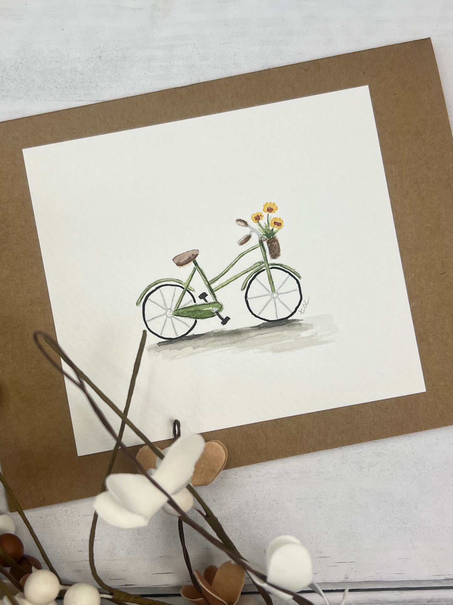 "Green Bicycle" - Hand Painted Watercolor Greeting Card
