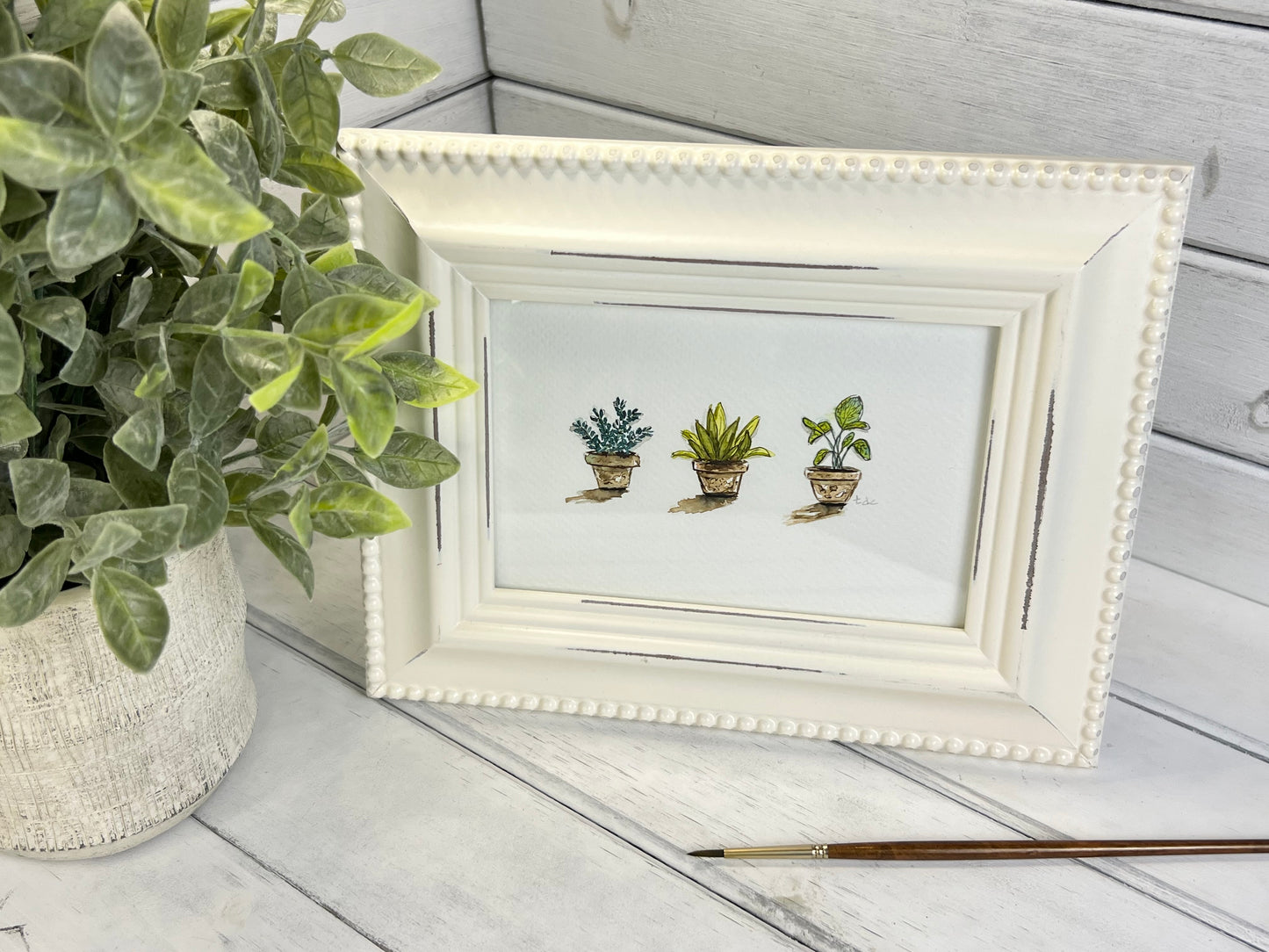 "Three House Plants" - Original Watercolor Framed Art