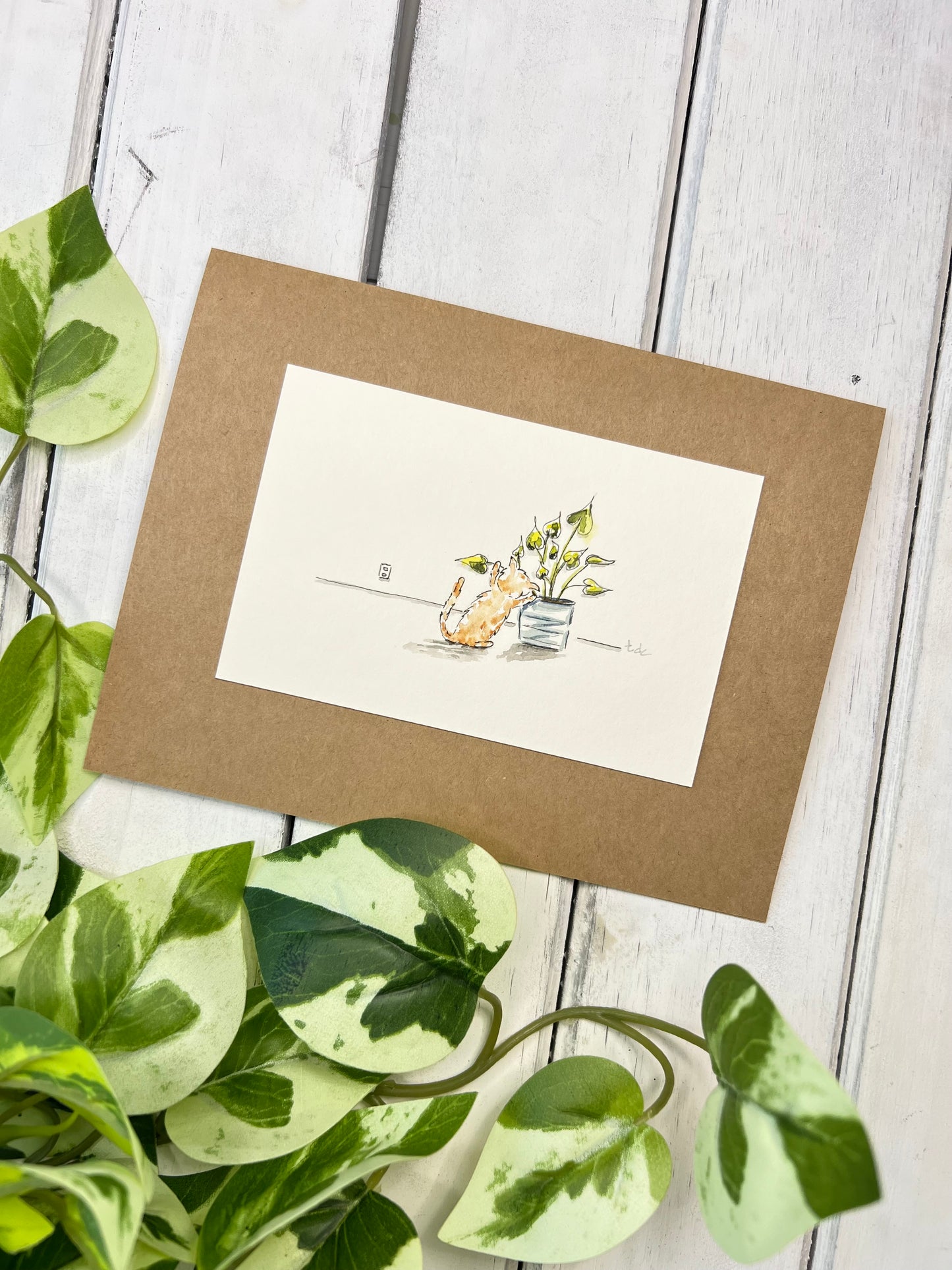 "Cat Chew Toy" - Original Watercolor Kraft Greeting Card