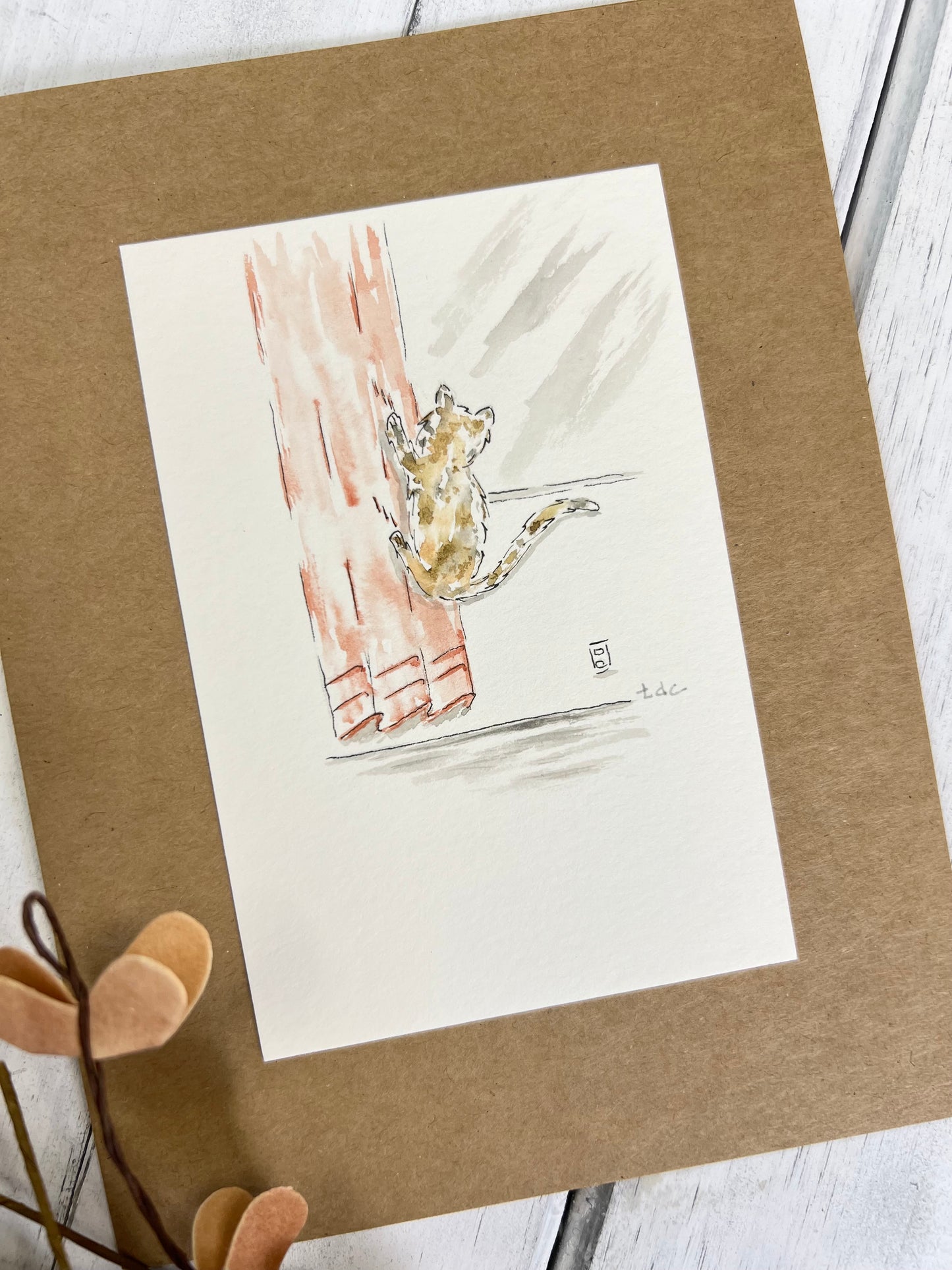 "Cat Climbing Curtains" - Original Watercolor Kraft Greeting Card