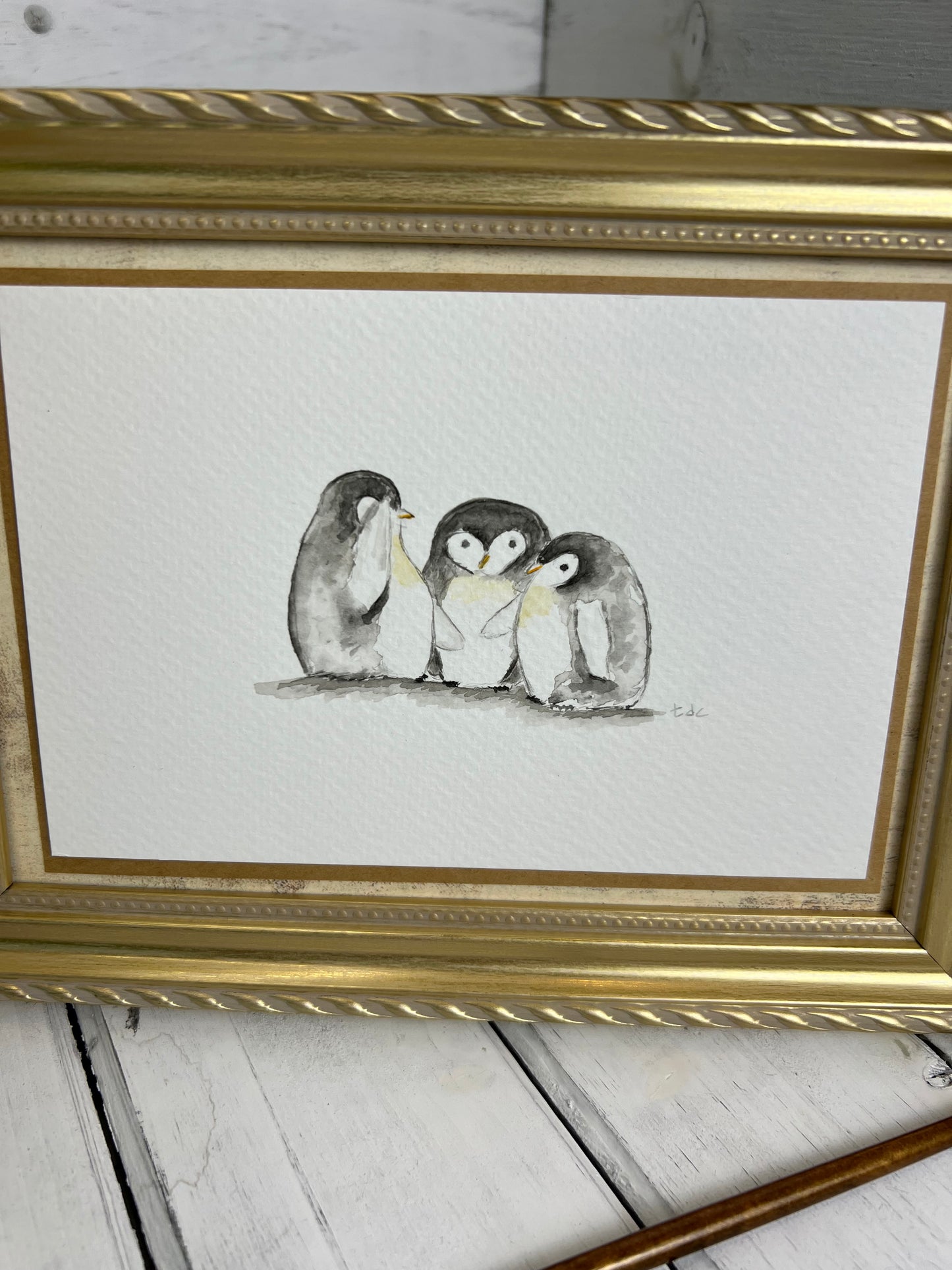 "Gossiping Penguins" - Original Watercolor Framed Art