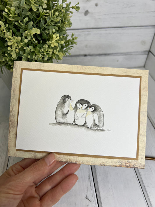 "Gossiping Penguins" - Original Watercolor Framed Art