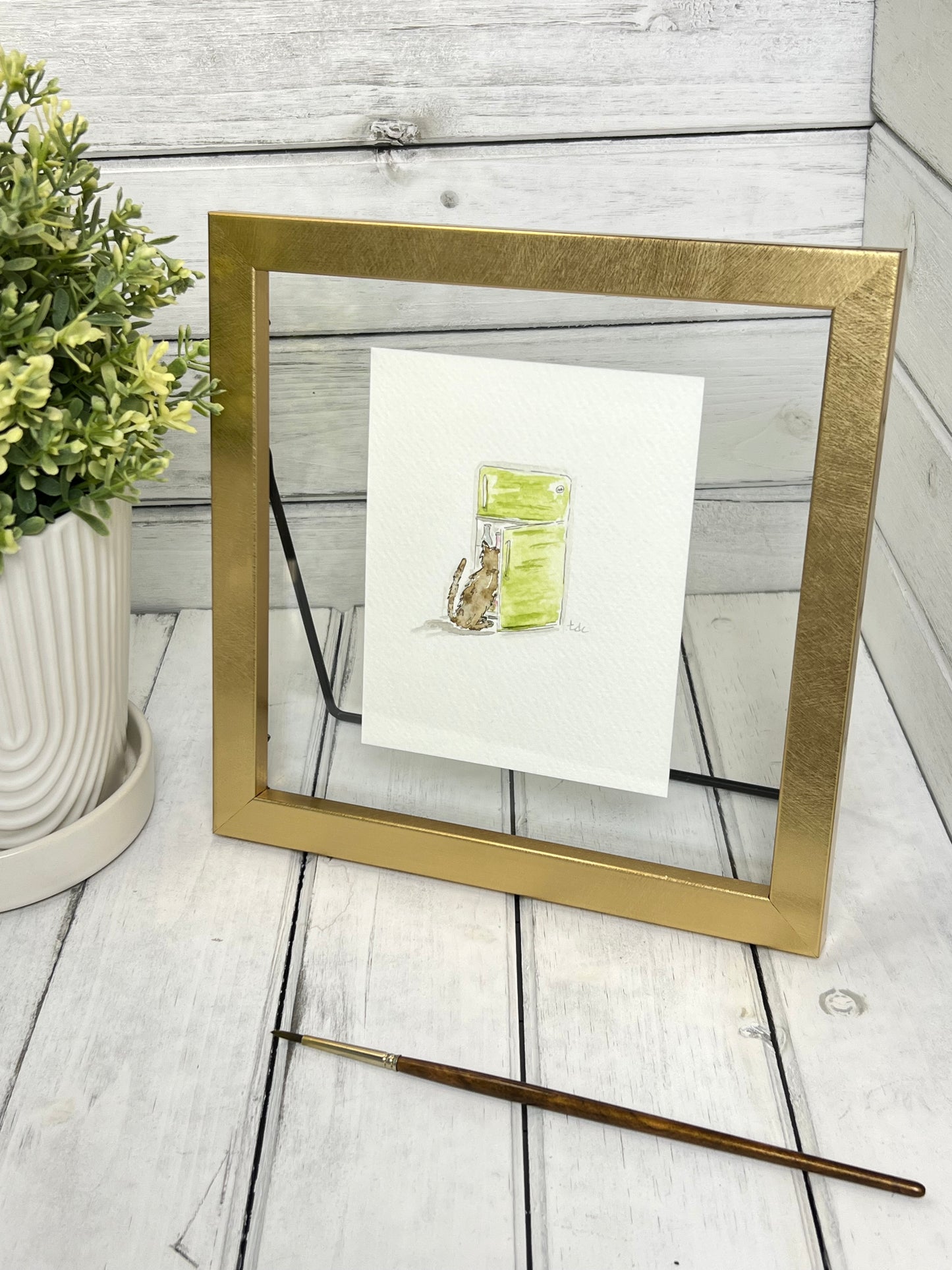 "Hungry Cat" - Original Watercolor Framed Art