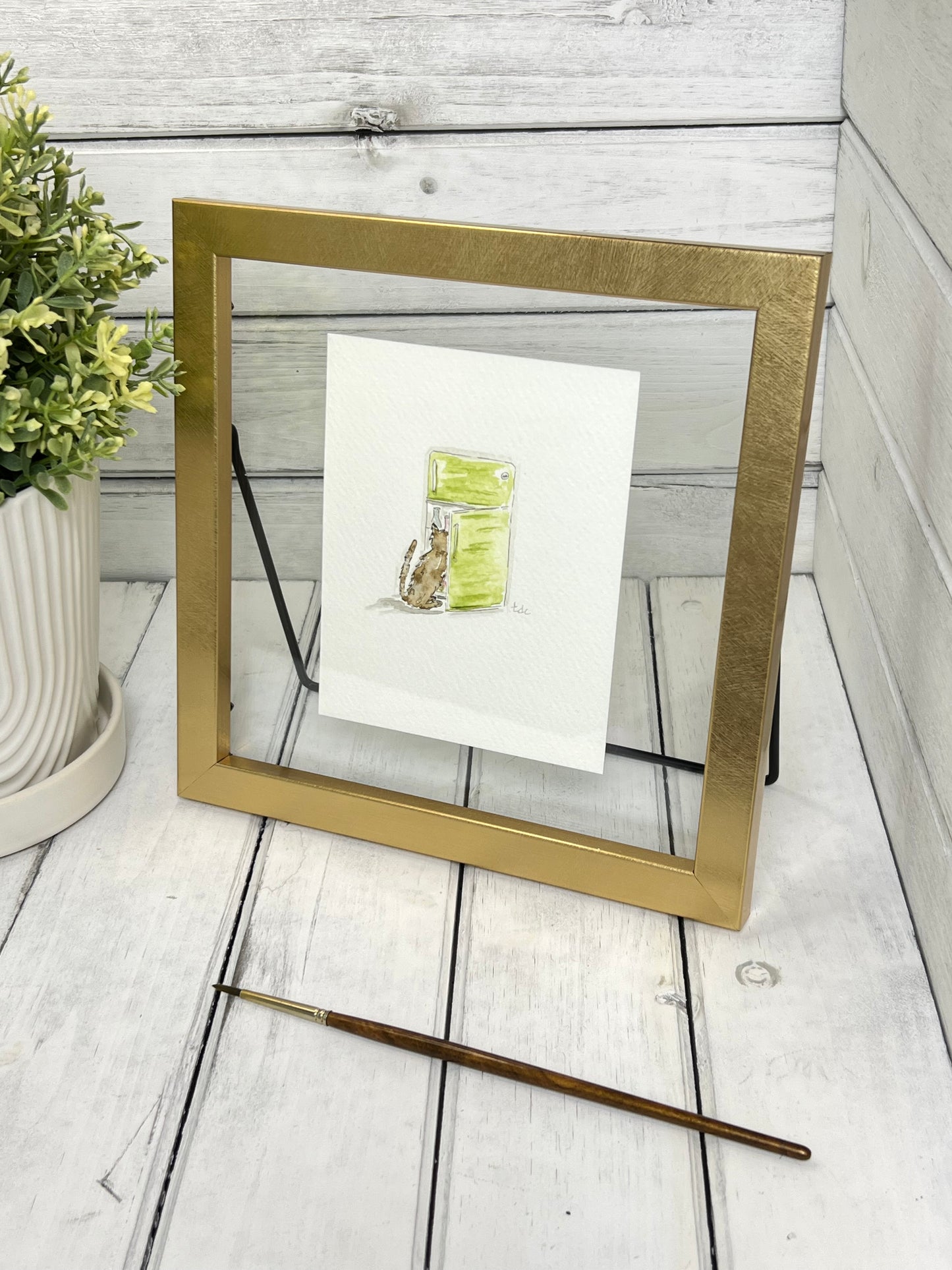 "Hungry Cat" - Original Watercolor Framed Art
