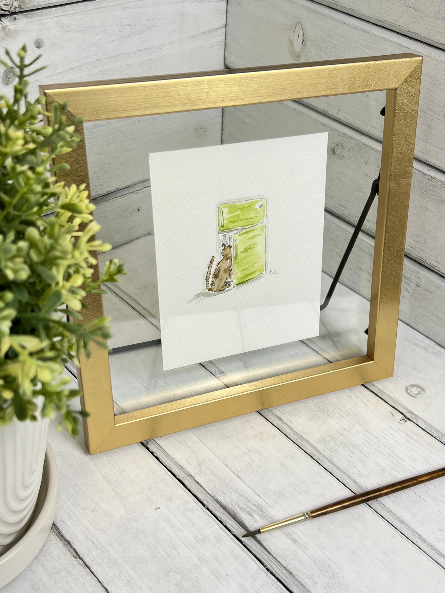 "Hungry Cat" - Original Watercolor Framed Art