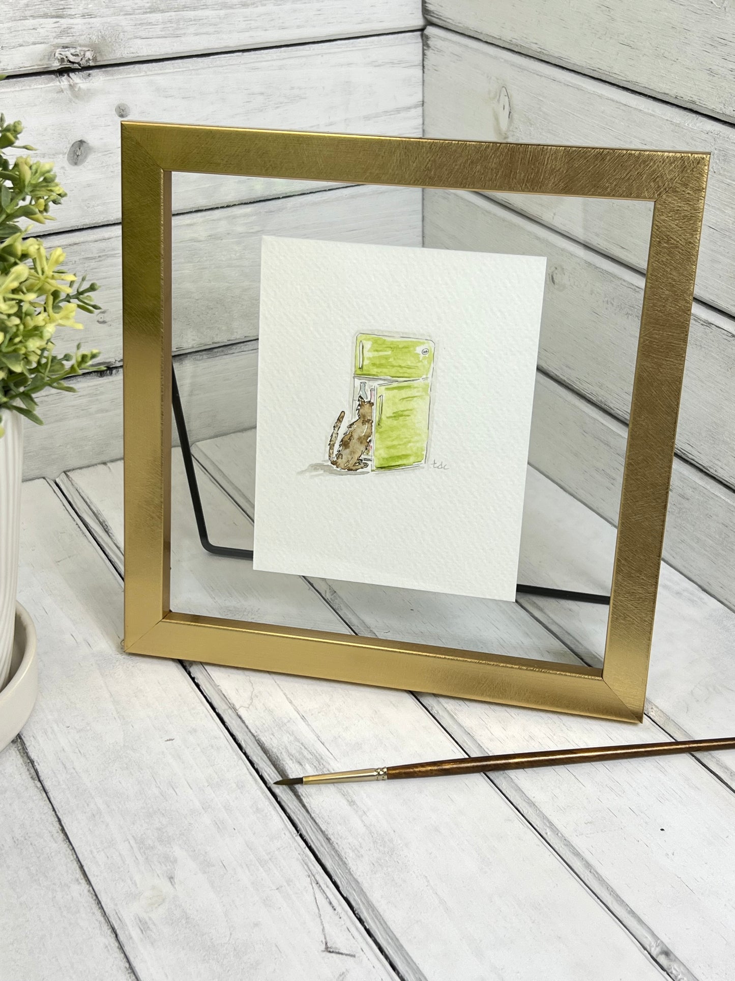 "Hungry Cat" - Original Watercolor Framed Art