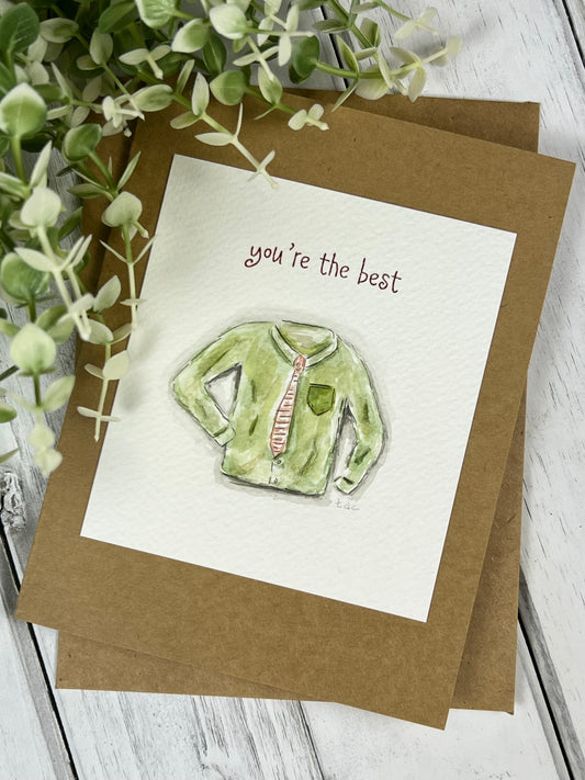 "Green Collared Shirt" - Hand Painted Watercolor Greeting Card