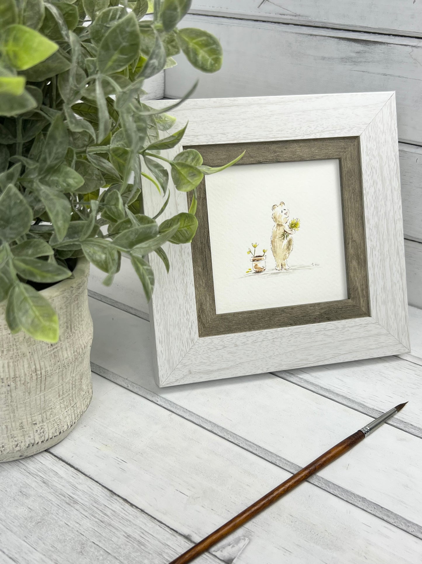 "Sweet Bear with Flowers" - Original Watercolor Framed Art