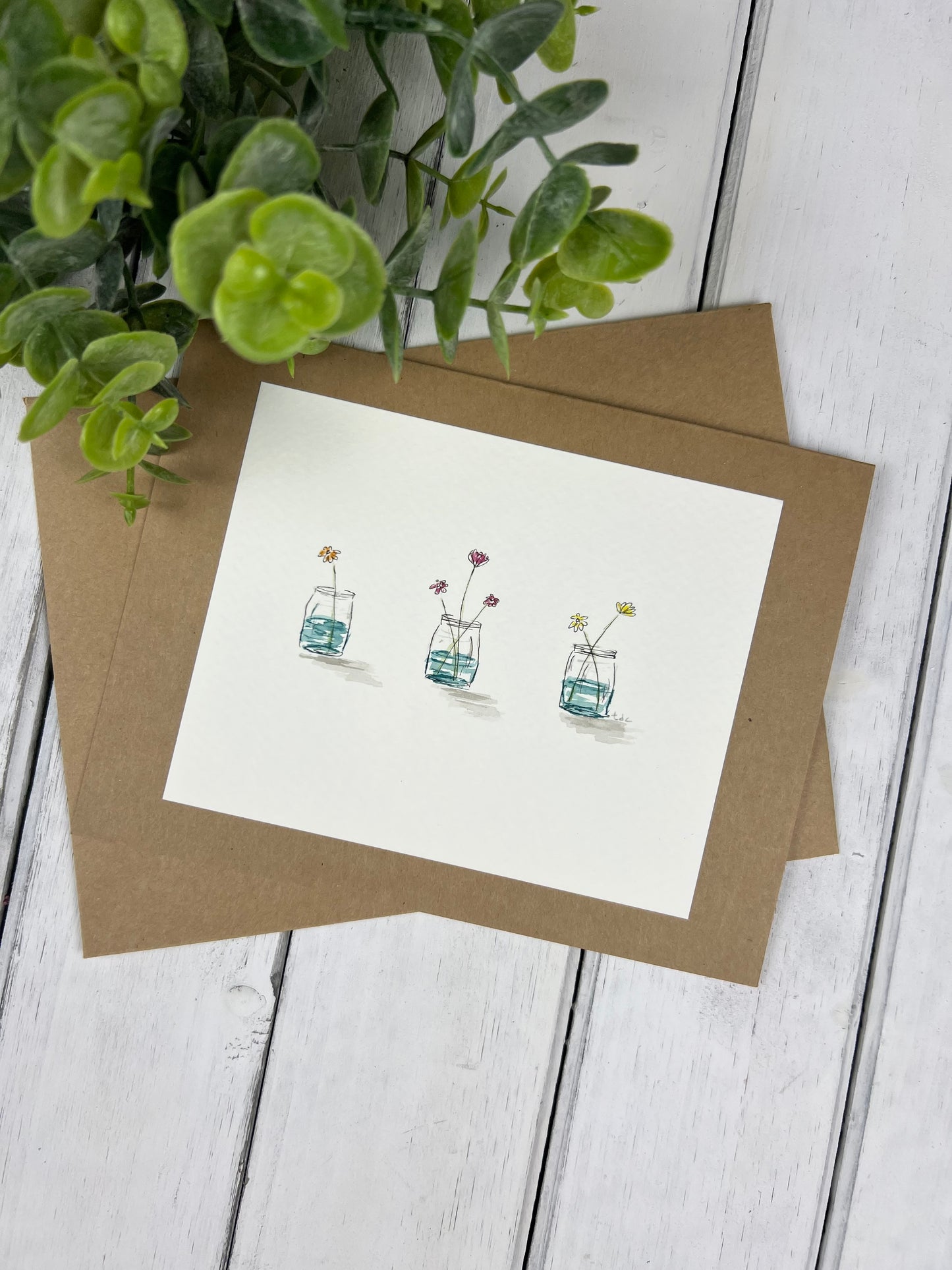 "Jars of Daisies" - Hand Painted Watercolor Greeting Card