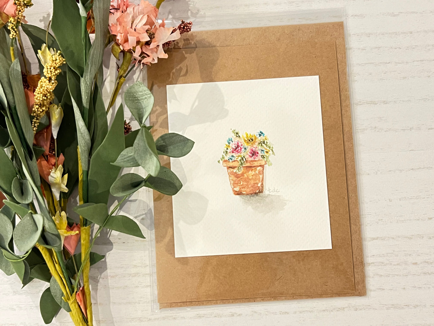 "Spring Flower Pot" - Original Watercolor Kraft Greeting Card