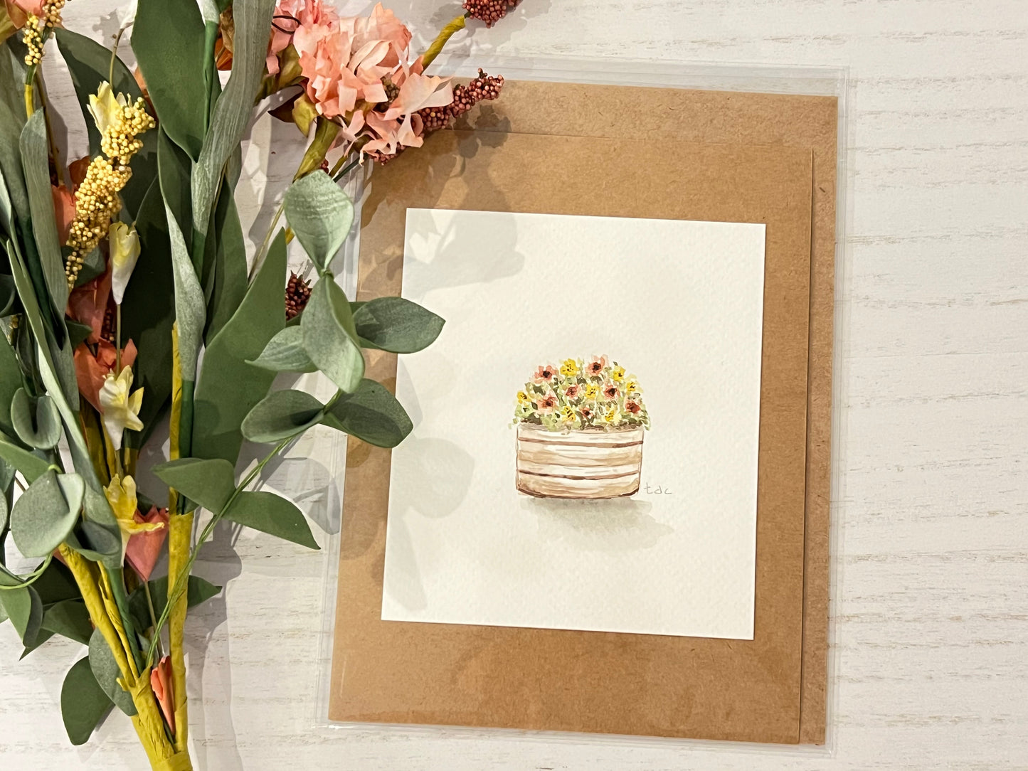 "Barrel of Flowers" - Original Watercolor Kraft Greeting Card