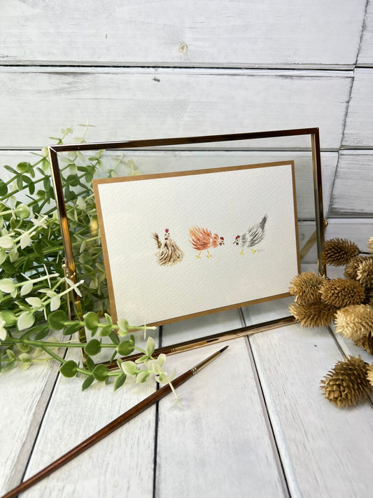 "Three Chickens" - Original Watercolor Framed Art