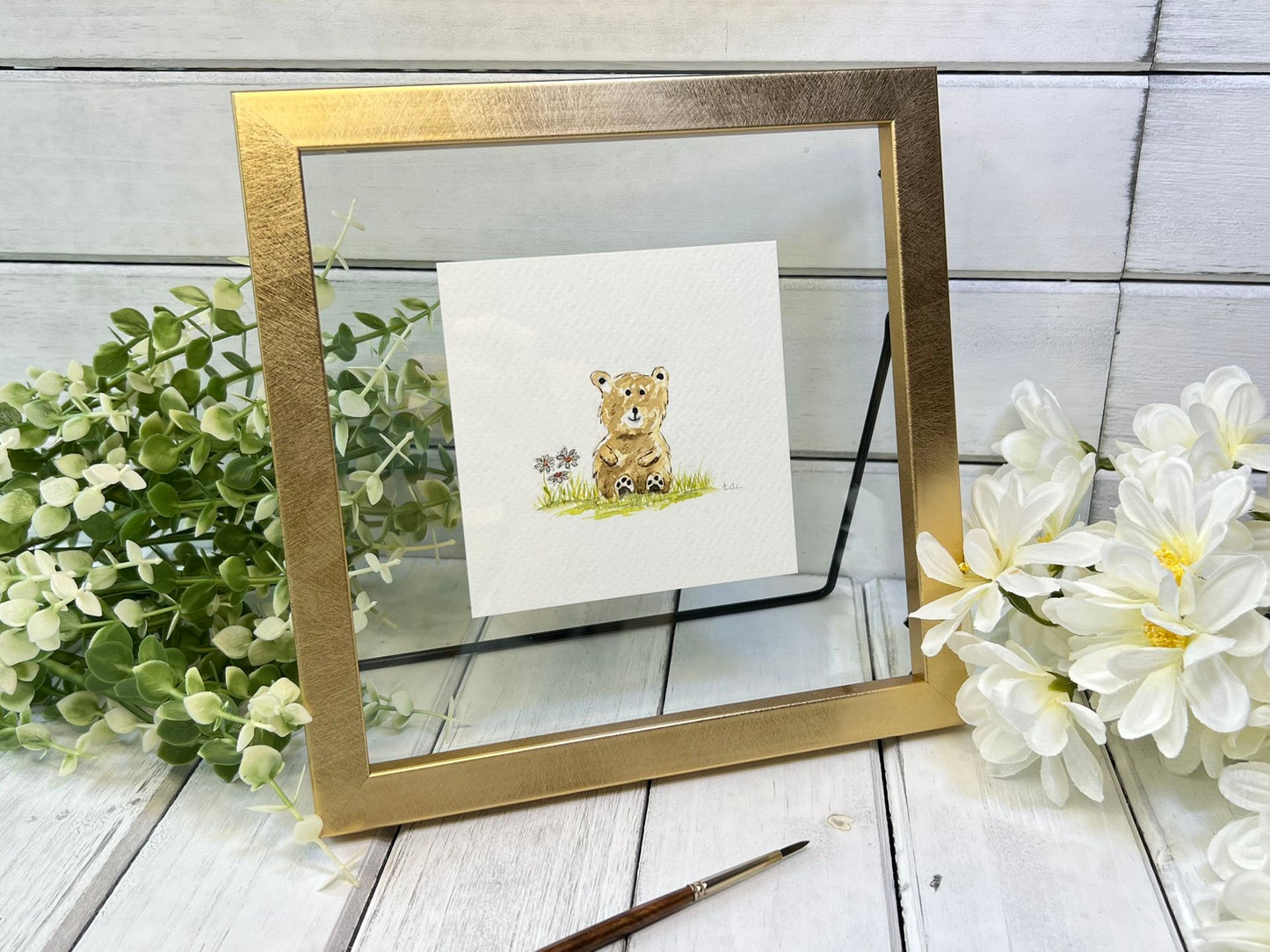 "Bear with Daisies" - Original Watercolor Framed Art
