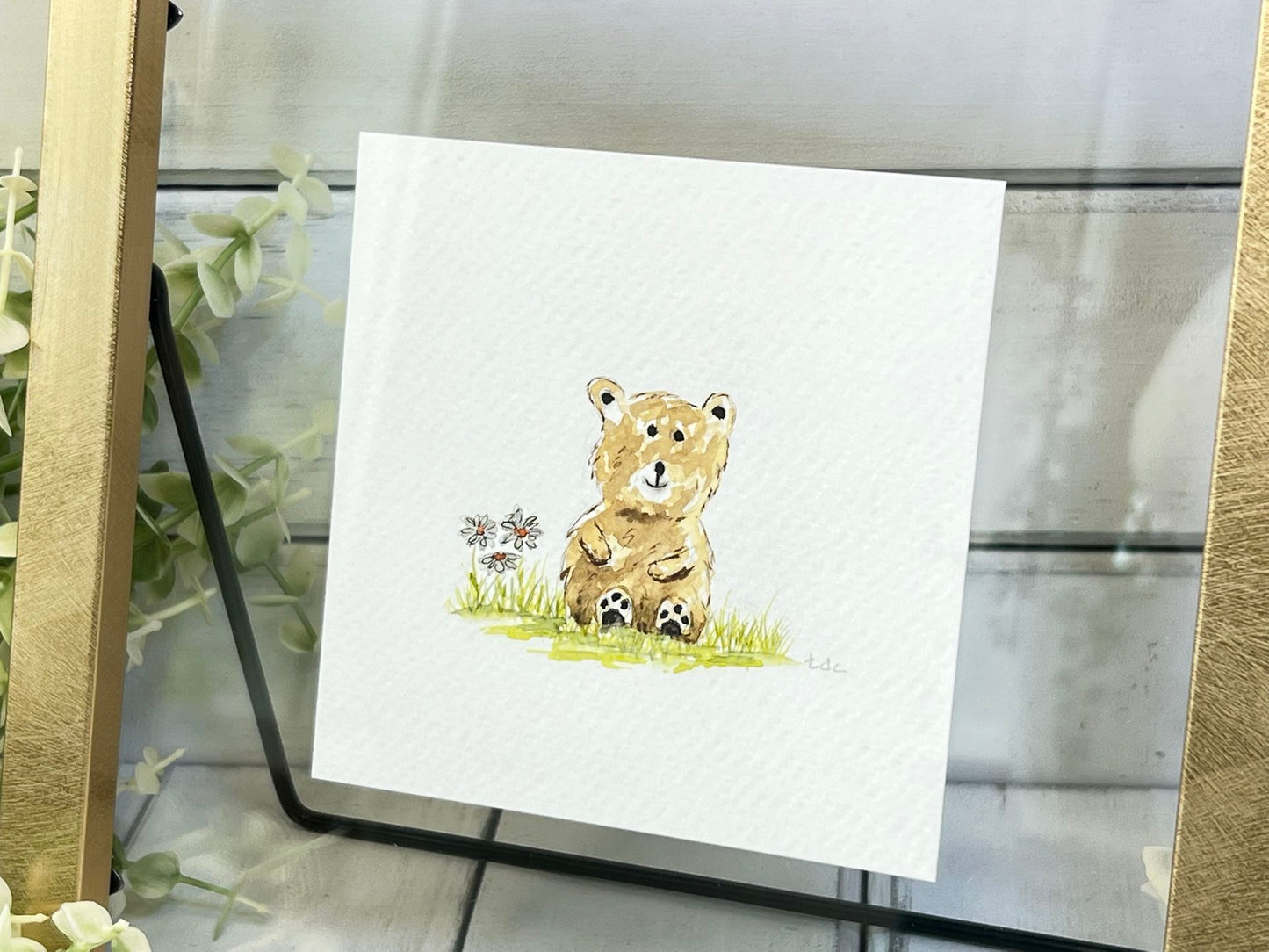 "Bear with Daisies" - Original Watercolor Framed Art