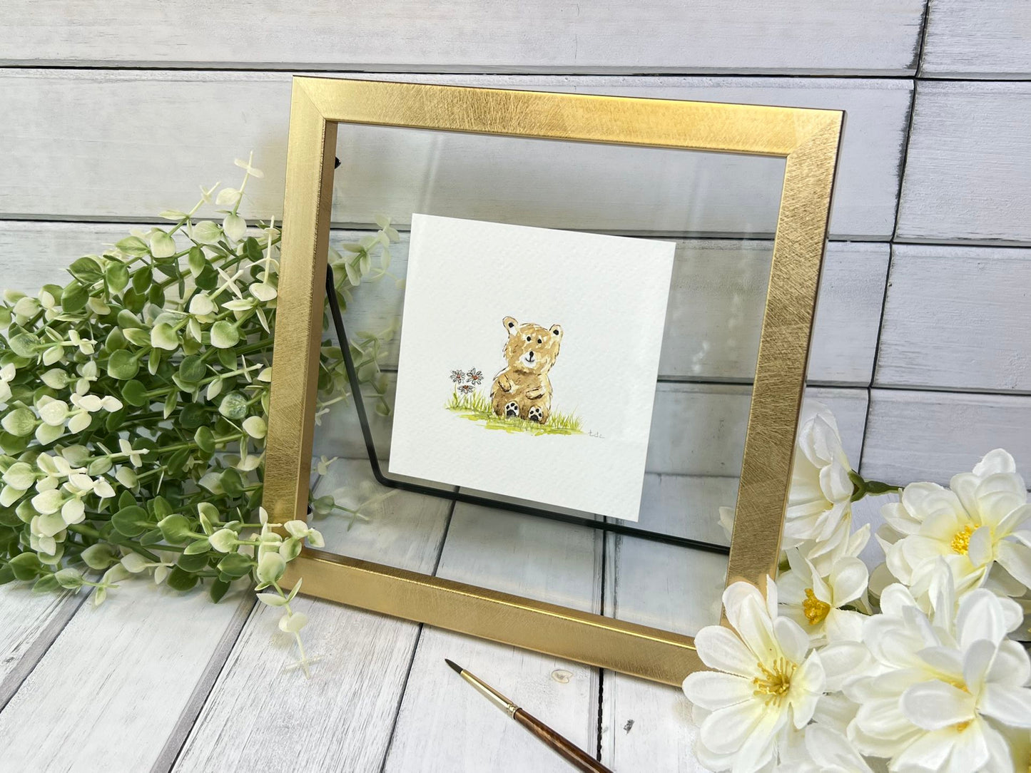 "Bear with Daisies" - Original Watercolor Framed Art