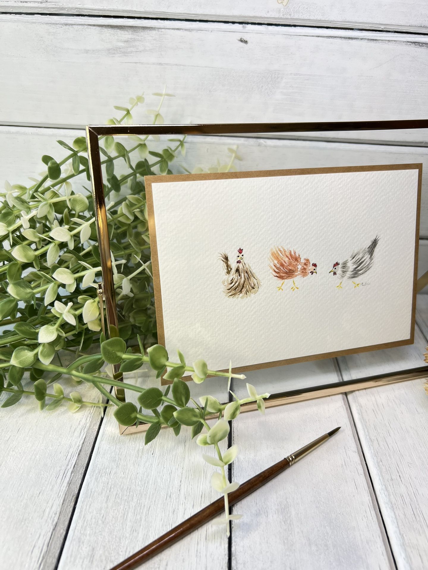 "Three Chickens" - Original Watercolor Framed Art