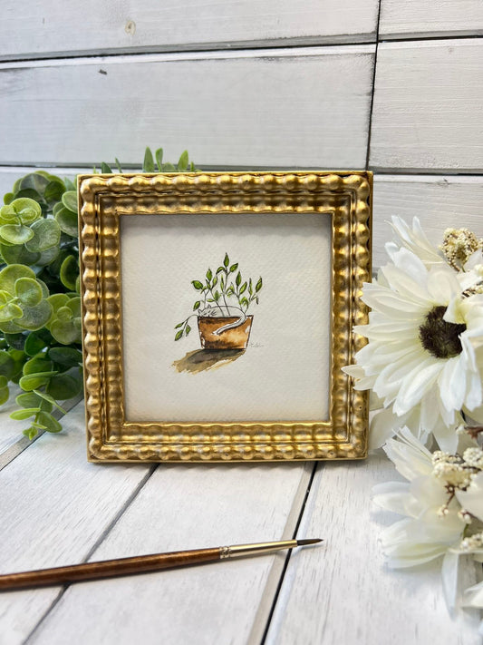 "Cat Napping in House Plant" - Original Watercolor Framed Art