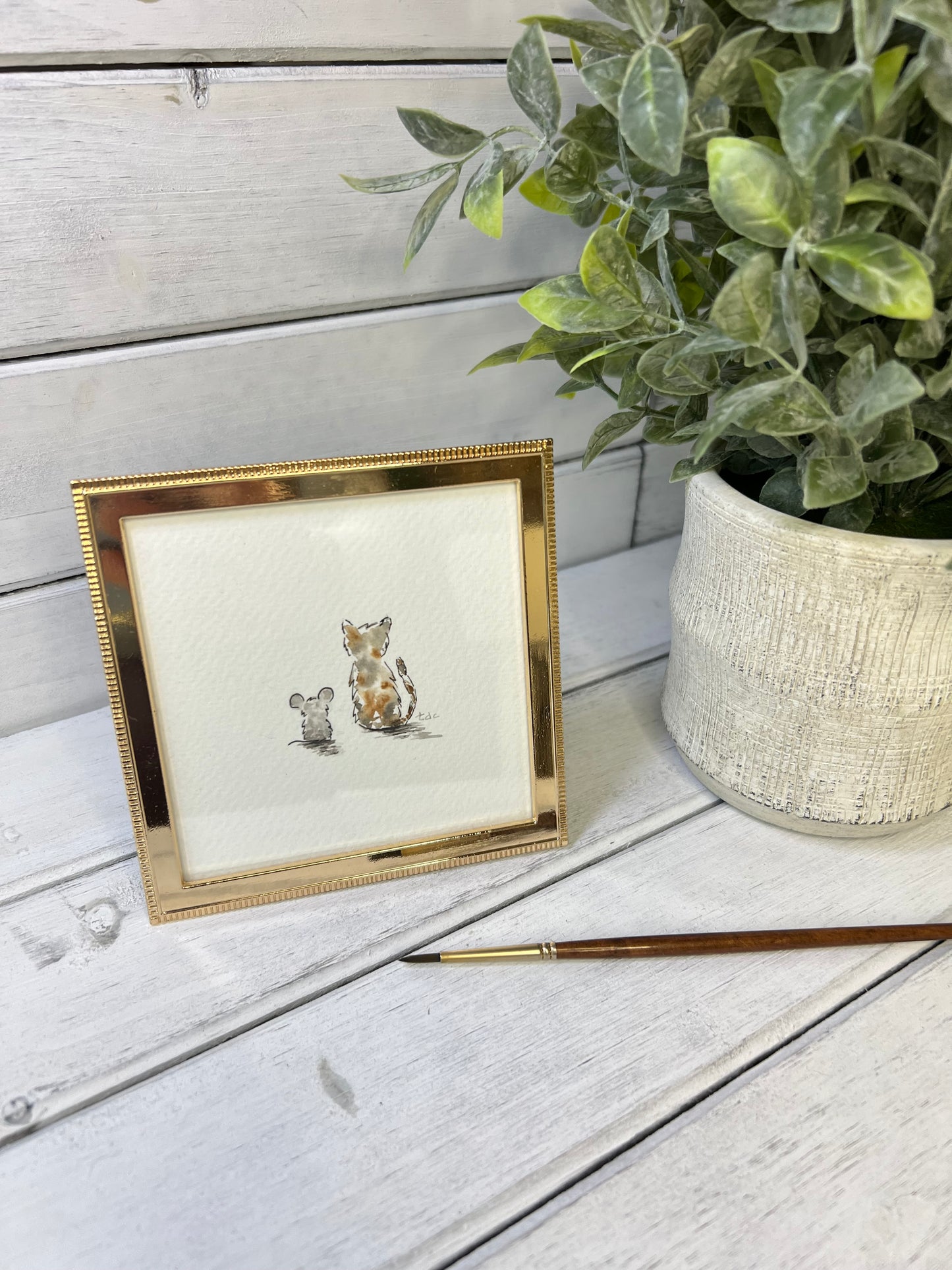 "Cat & Mouse" - Original Watercolor Framed Art