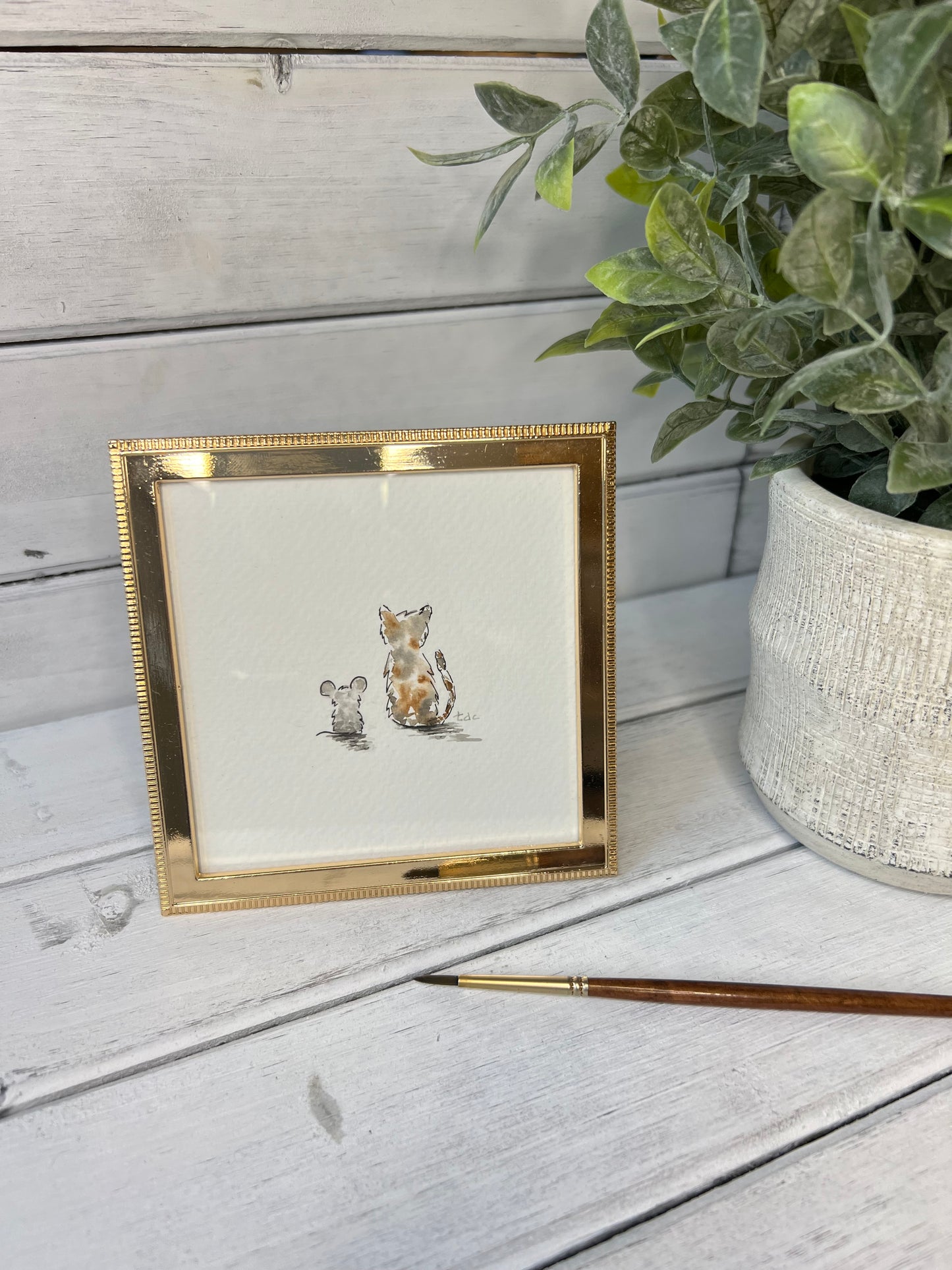 "Cat & Mouse" - Original Watercolor Framed Art