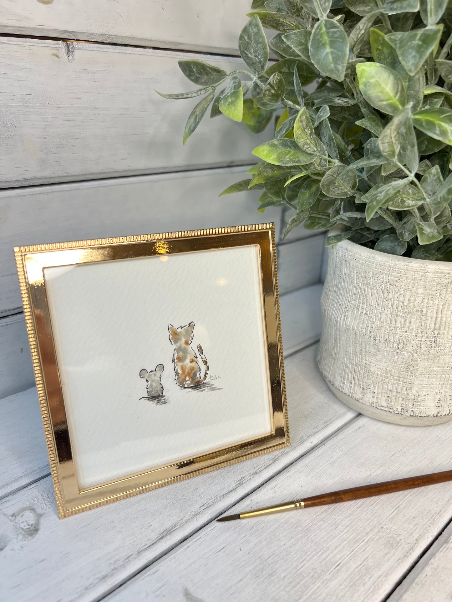 "Cat & Mouse" - Original Watercolor Framed Art