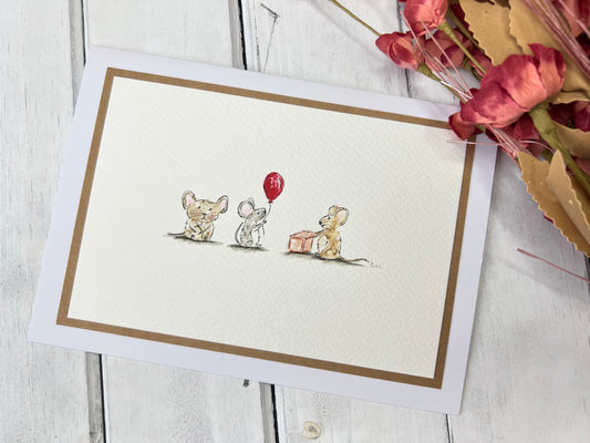 "Three Party Mice" - Original Watercolor Greeting Card
