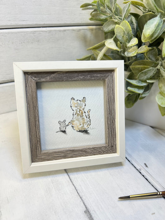 "Cat & Mouse Friends" - Original Watercolor Framed Art