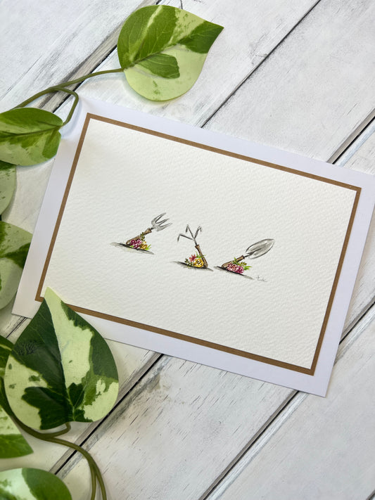"Spring Garden Tools" - Original Watercolor Greeting Card