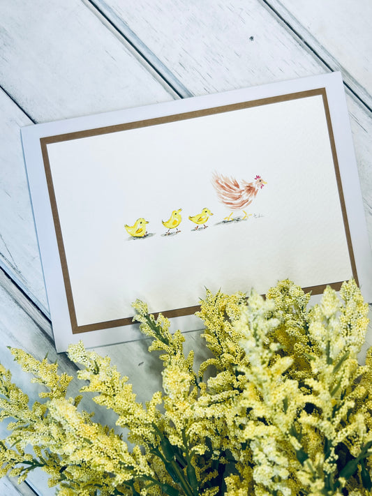 "Mama and Her Chicks" - Original Watercolor Greeting Card