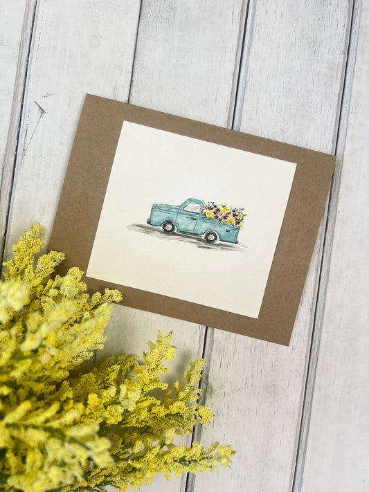 "Truck with Flowers" - Original Watercolor Kraft Greeting Card