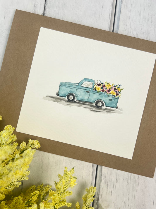 "Old Truck with Flowers" - Hand Painted Watercolor Greeting Card