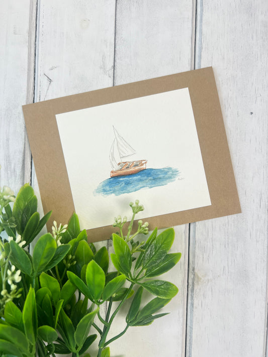 "Sail Boat" - Original Watercolor Kraft Greeting Card