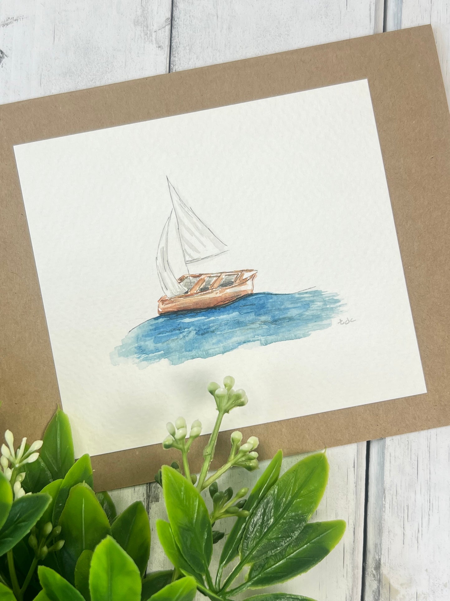 "Sail Boat" - Original Watercolor Kraft Greeting Card