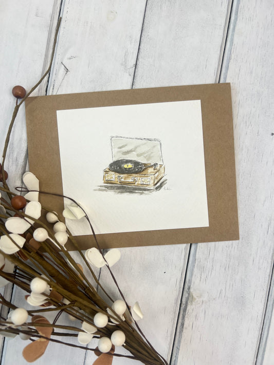 "Record Player" - Original Watercolor Kraft Greeting Card