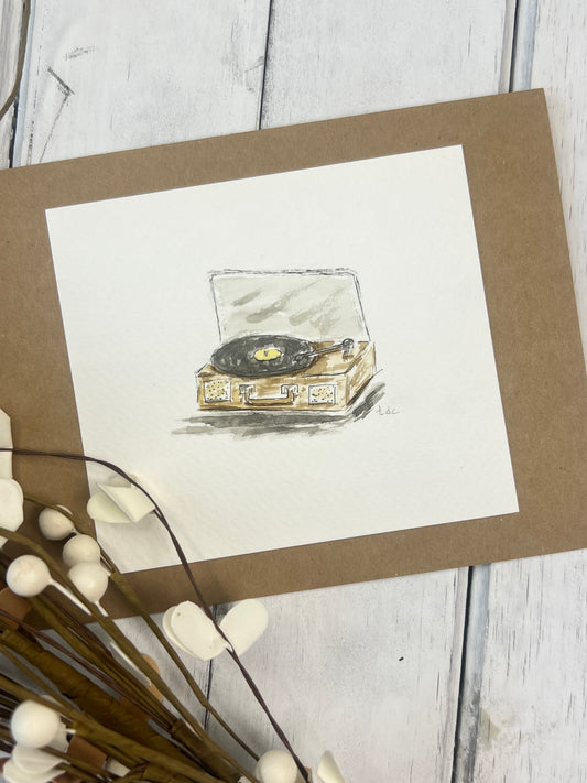 "Record Player" - Hand Painted Watercolor Greeting Card
