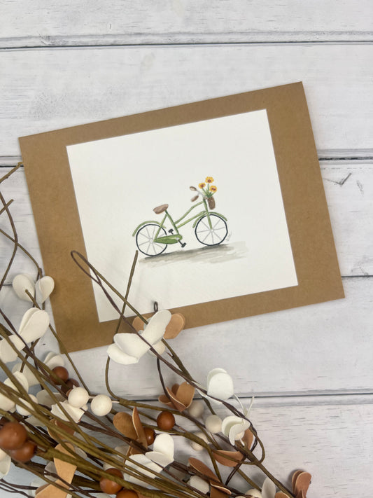 "Green Bicycle" - Original Watercolor Kraft Greeting Card