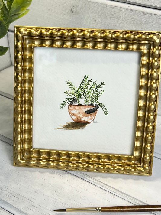 "Cat Napping in Fern" - Original Watercolor Framed Art