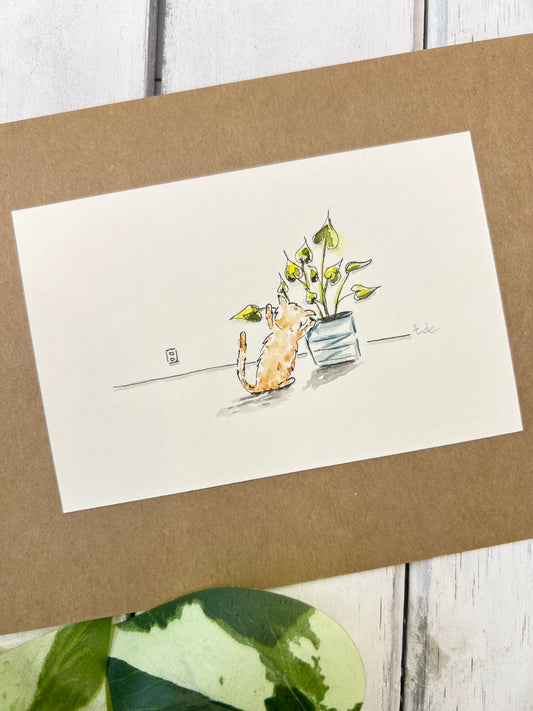 "Cat Chew Toy" - Original Watercolor Kraft Greeting Card