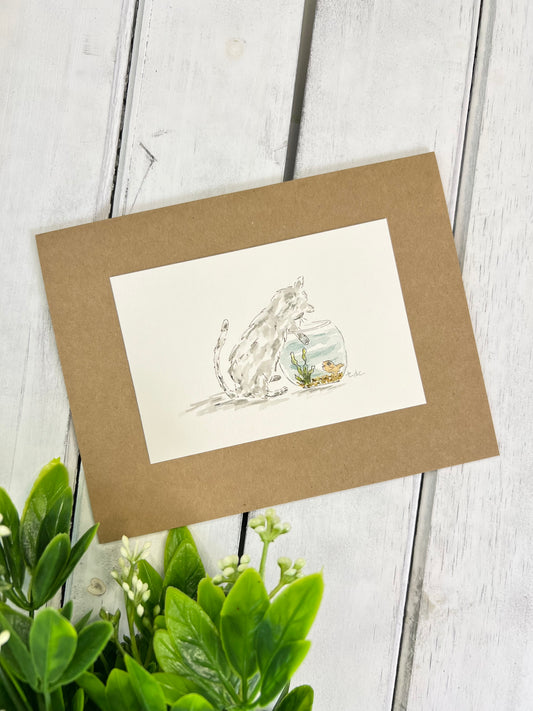 "Cat Fishing" - Original Watercolor Kraft Greeting Card