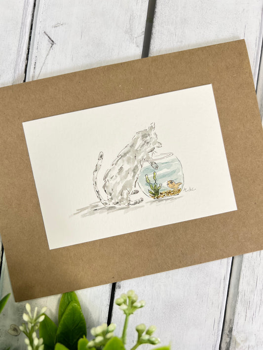 "Cat Fishing" - Hand Painted Watercolor Greeting Card