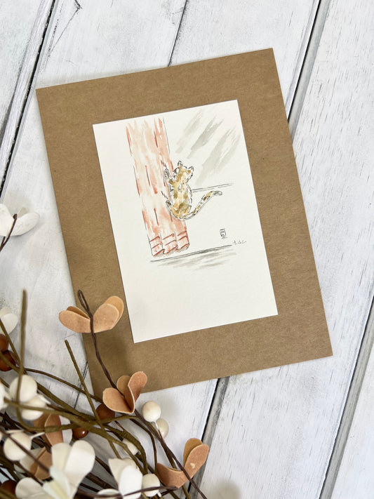 "Cat Climbing Curtains" - Original Watercolor Kraft Greeting Card
