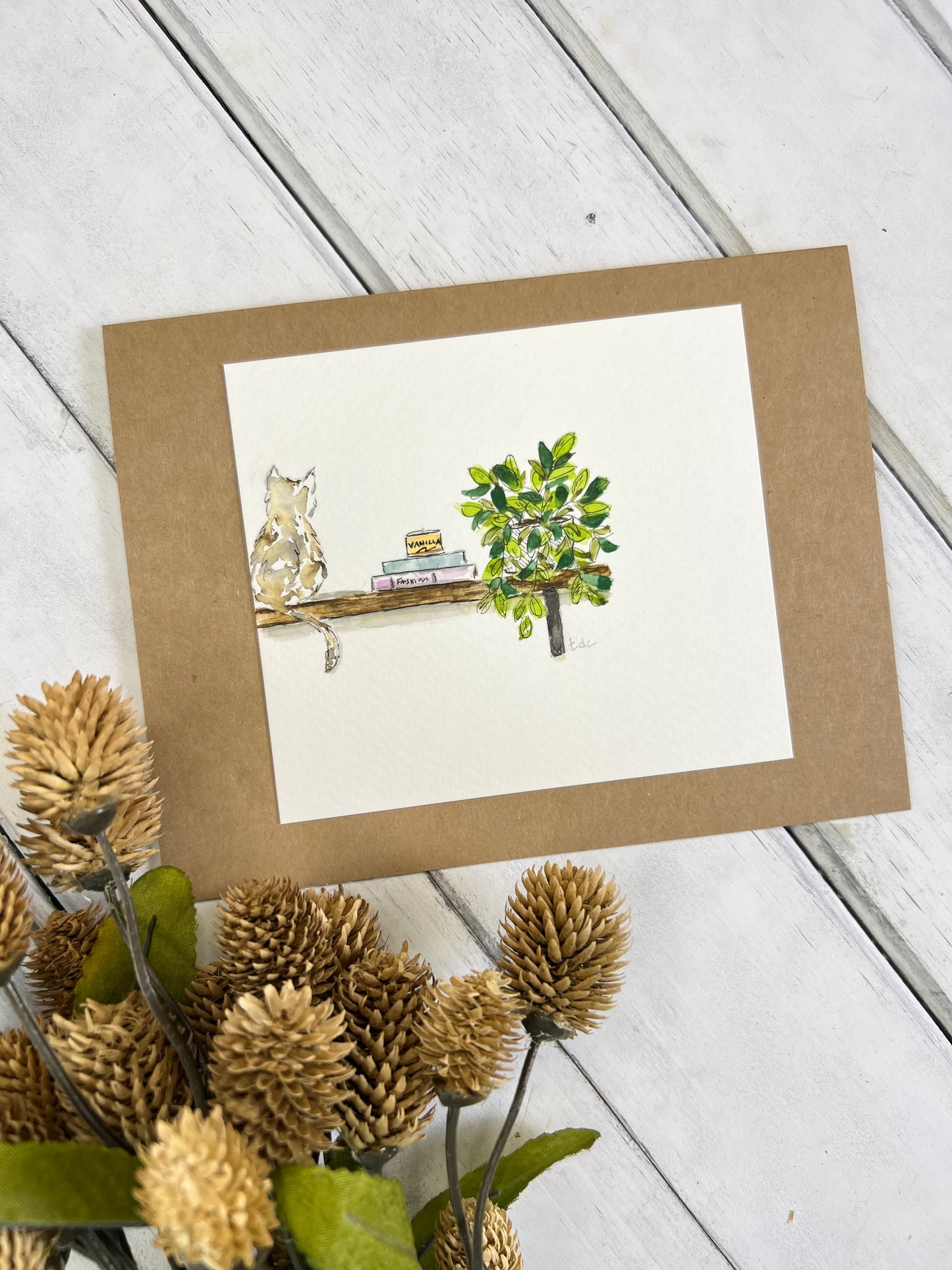 "Cat on a Shelf" - Original Watercolor Kraft Greeting Card