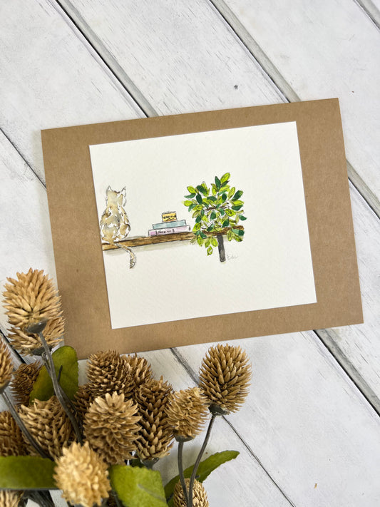 "Cat on a Shelf" - Original Watercolor Kraft Greeting Card