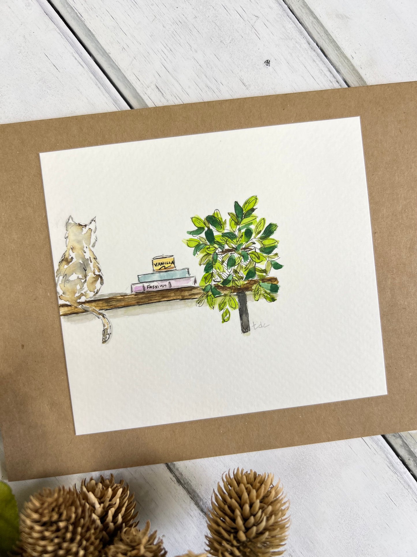 "Cat on a Shelf" - Original Watercolor Kraft Greeting Card